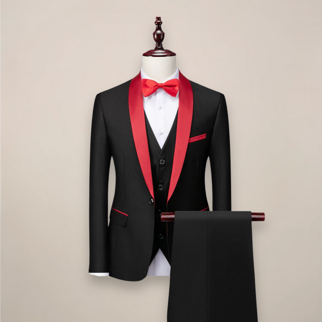 Men's Classic Three-Piece Suit in Black with Red