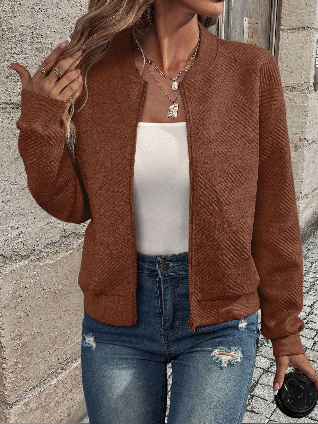 Women's Textured Zip-Up Cardigan in Brown