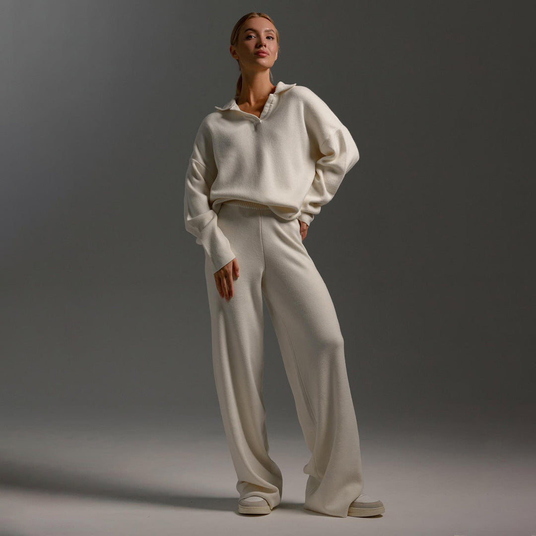 Women's polo jumper and wide-leg trouser set in Beige