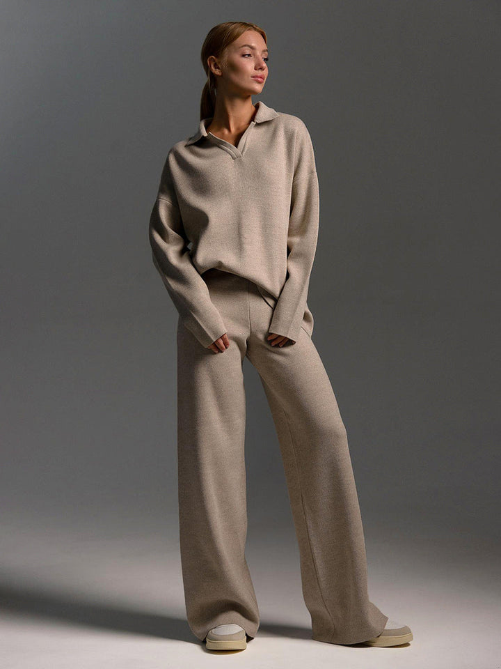 Women's polo jumper and wide-leg trouser set in Khaki