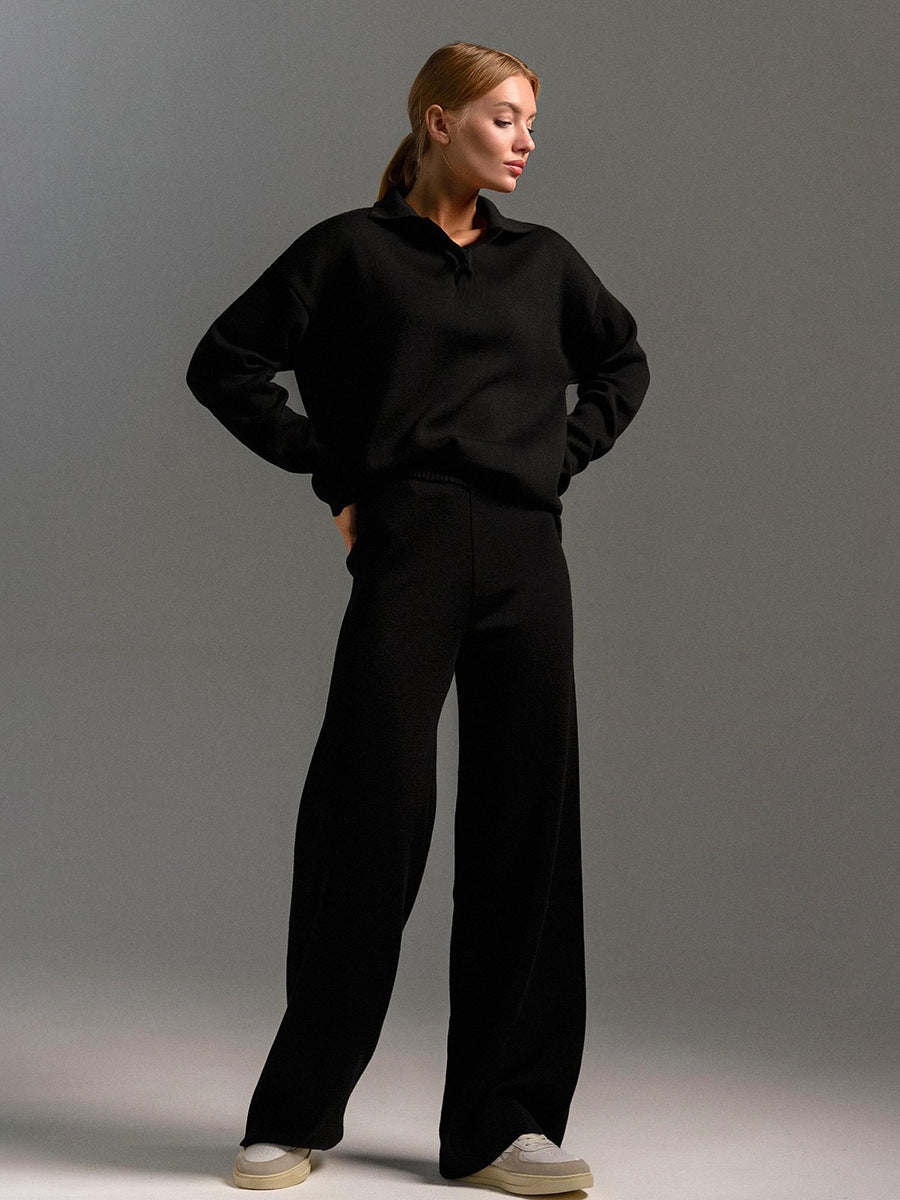 Women's polo jumper and wide-leg trouser set in Black