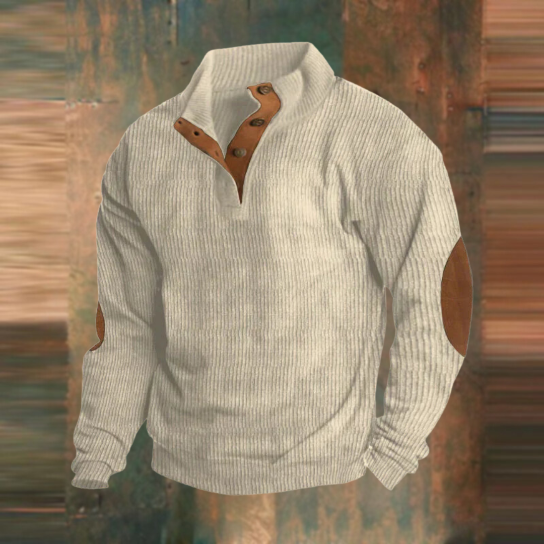 Men's Ribbed Button-Collar Jumper in Beige