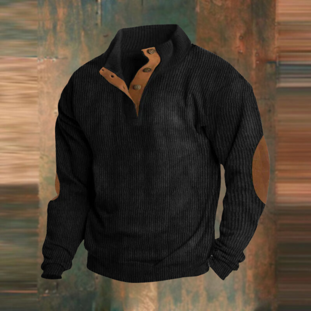 Men's Ribbed Button-Collar Jumper in Black