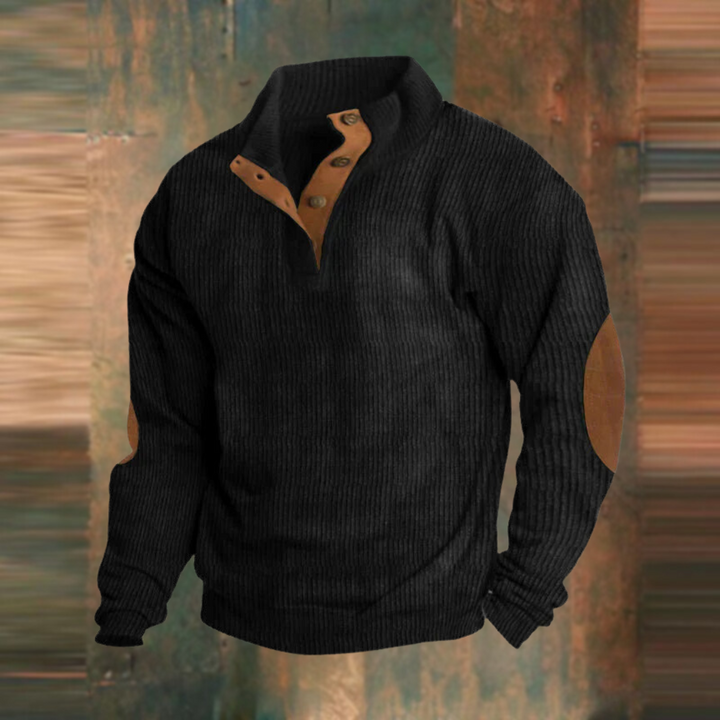 Men's Ribbed Button-Collar Jumper in Black