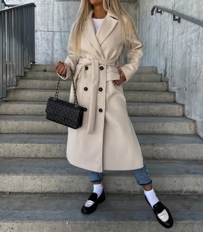 Women's Long Double-Breasted Winter Coat in Khaki