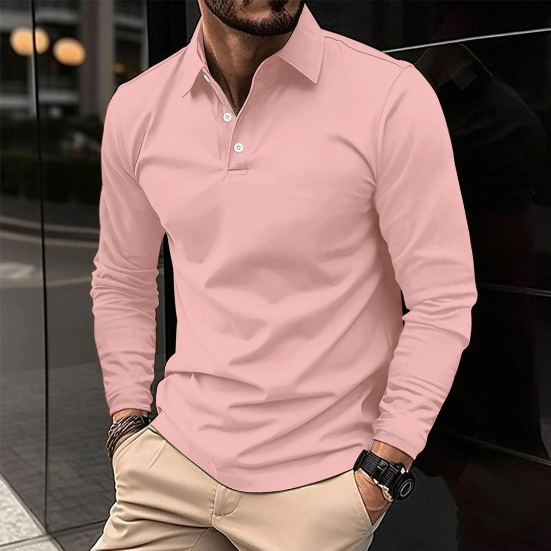 Men's Classic Long-Sleeve Polo Shirt in Pink