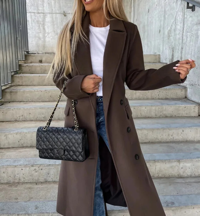 Women's Long Double-Breasted Winter Coat in Dark Brown