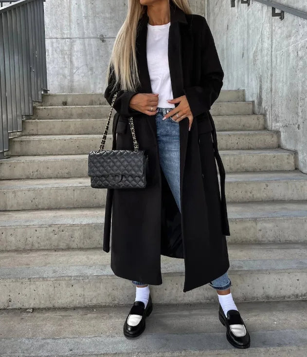 Women's Long Double-Breasted Winter Coat in Black