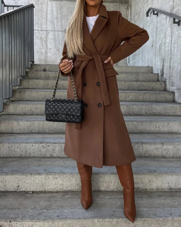 Women's Long Double-Breasted Winter Coat in Brown