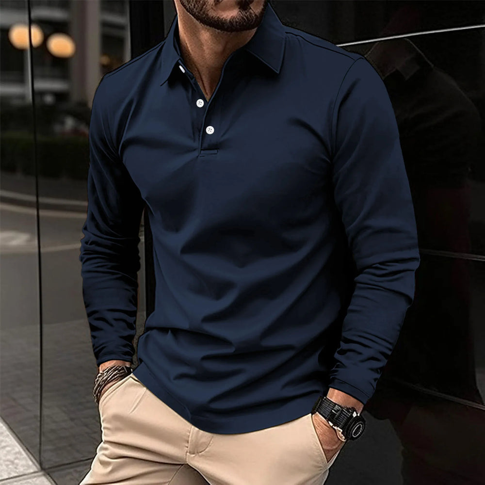 Men's Classic Long-Sleeve Polo Shirt in Blue