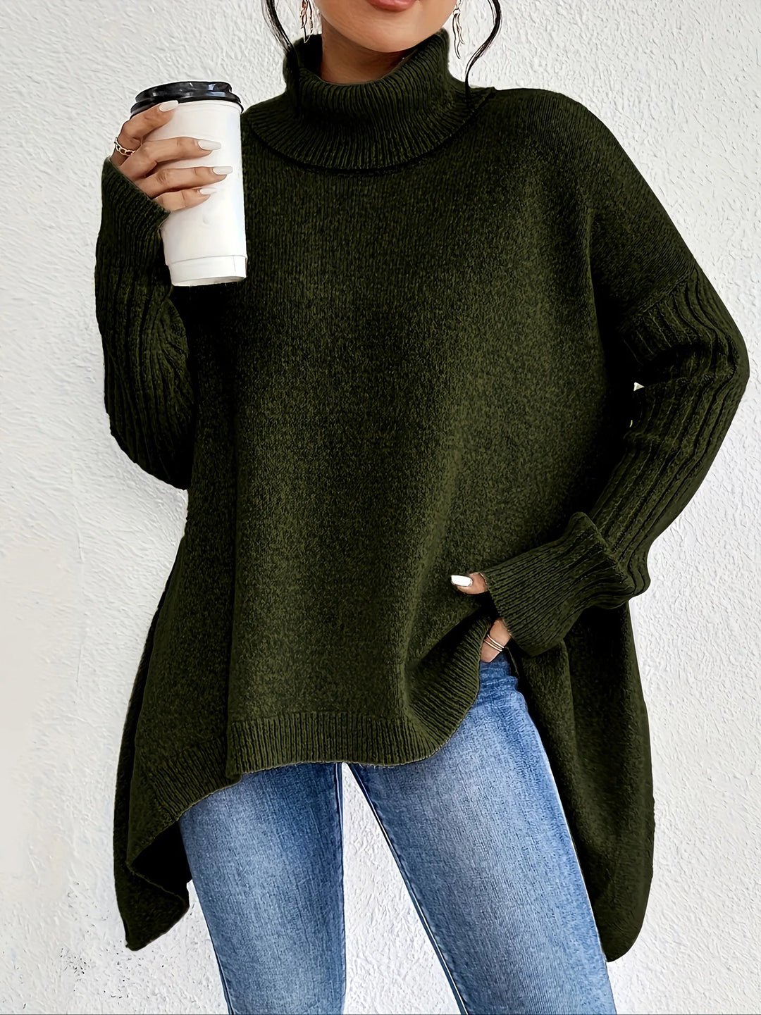 Women's Oversized High-Neck Winter Jumper in Forest Green
