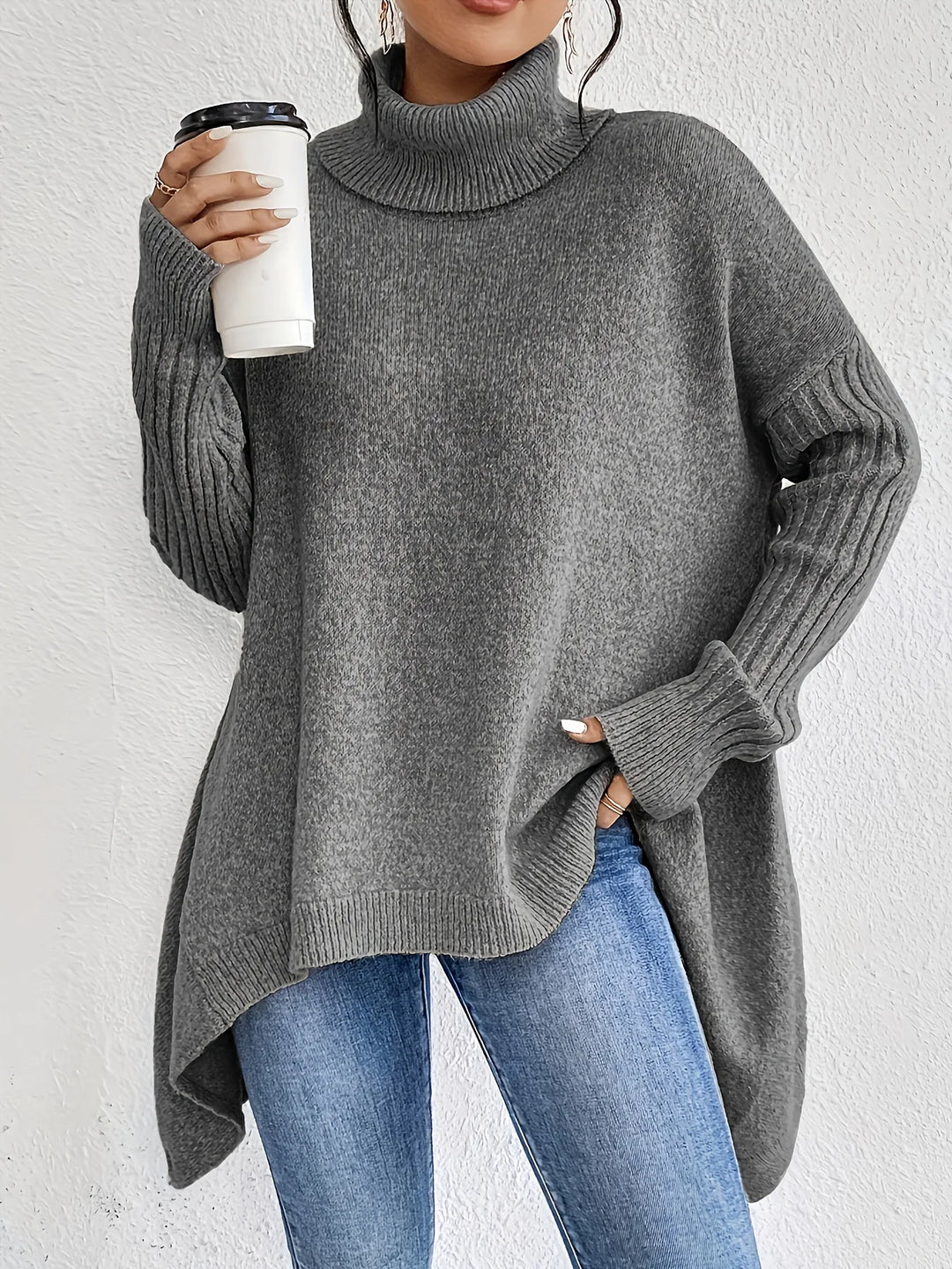 Women's Oversized High-Neck Winter Jumper in Grey