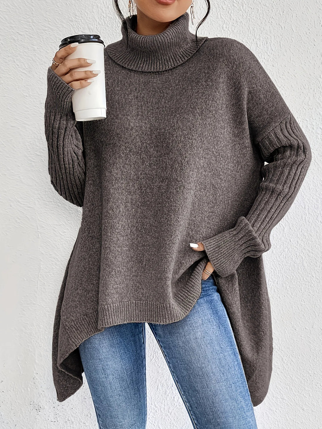 Women's Oversized High-Neck Winter Jumper in Light Brown