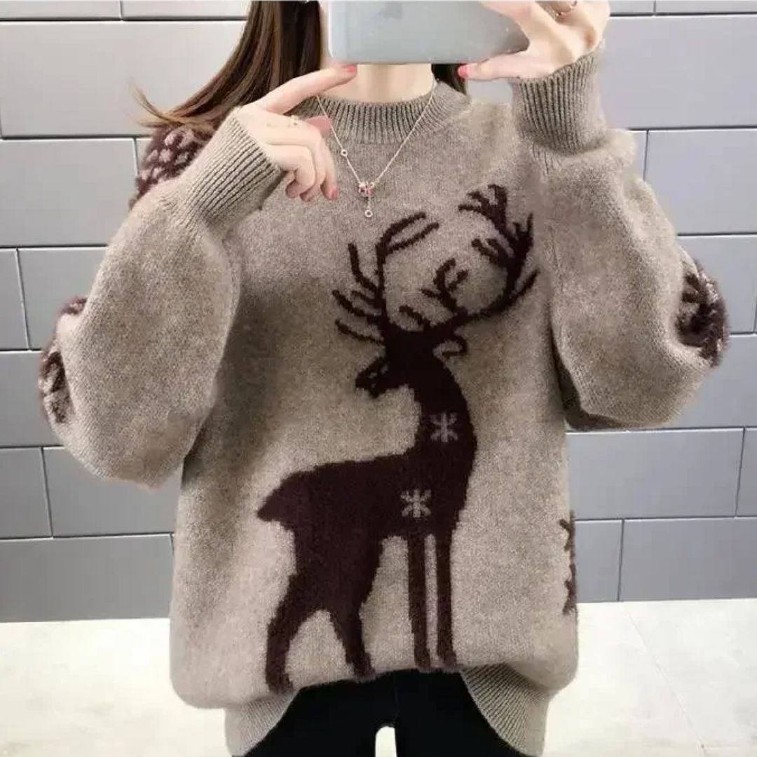 Women's Knit Reindeer Christmas Jumper in Brown