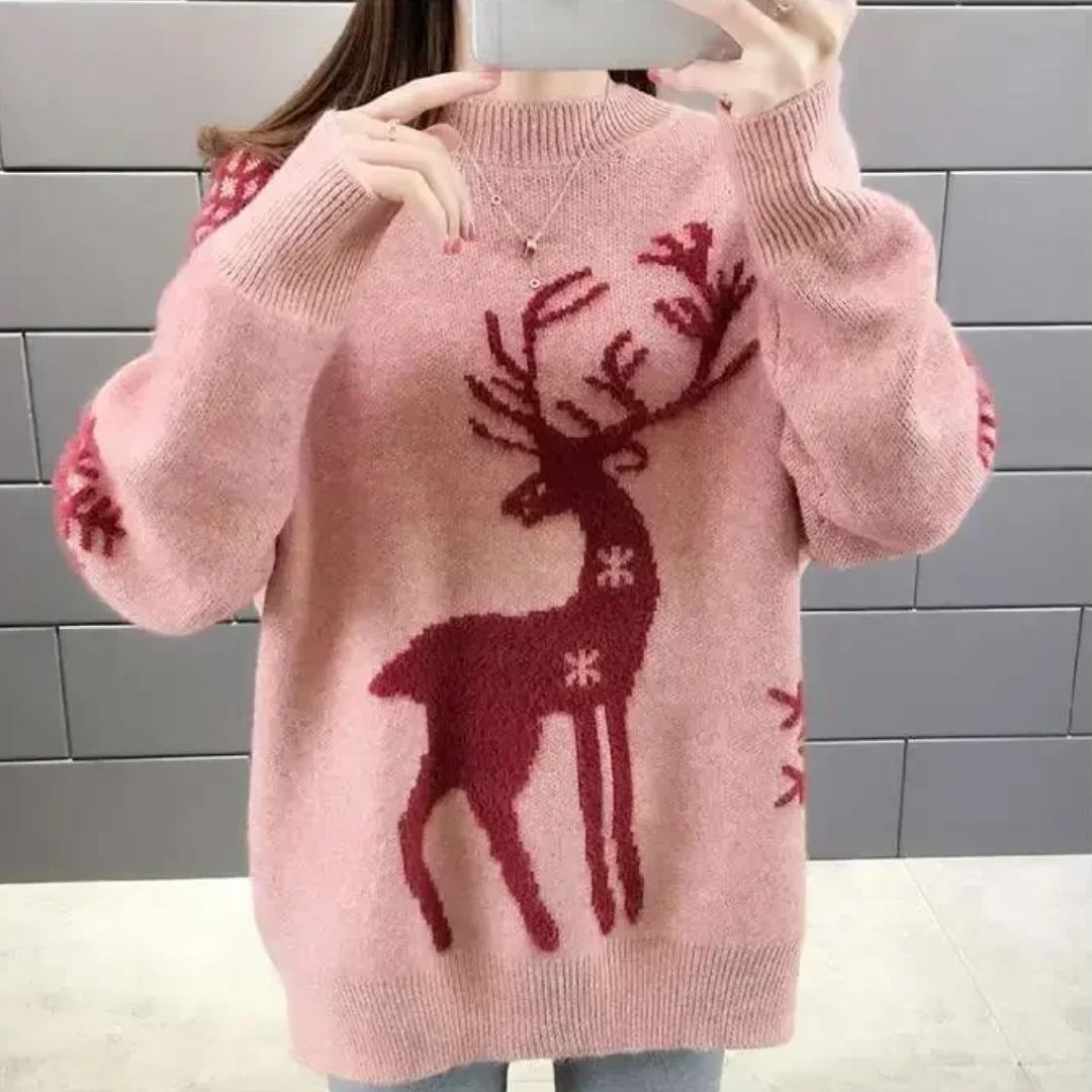 Women's Knit Reindeer Christmas Jumper in Pink