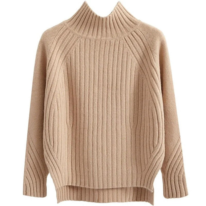 Women's Ribbed High-Neck Winter Jumper in Khaki