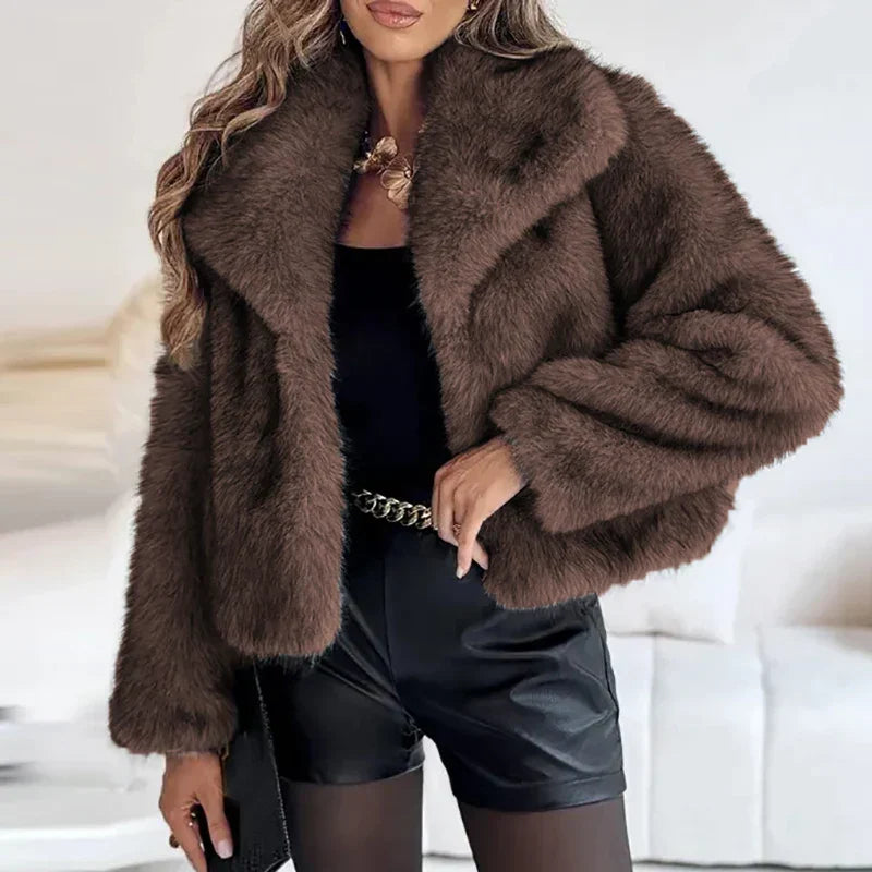 Women's Short Faux-Fur Winter Jacket in Brown