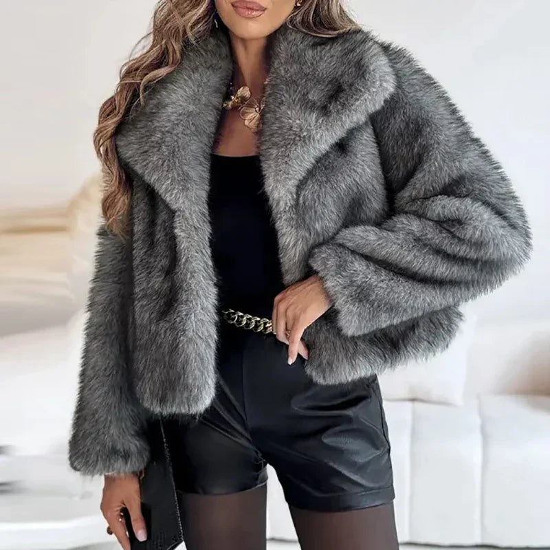 Women's Short Faux-Fur Winter Jacket in Charcoal