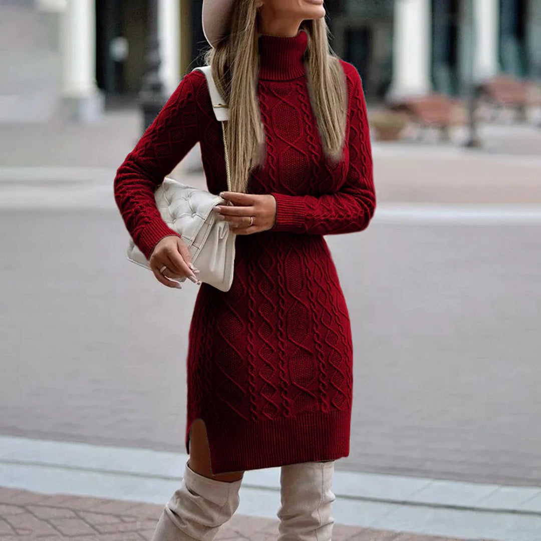 Women's Cable-Knit Roll-Neck Jumper Dress in Burgundy