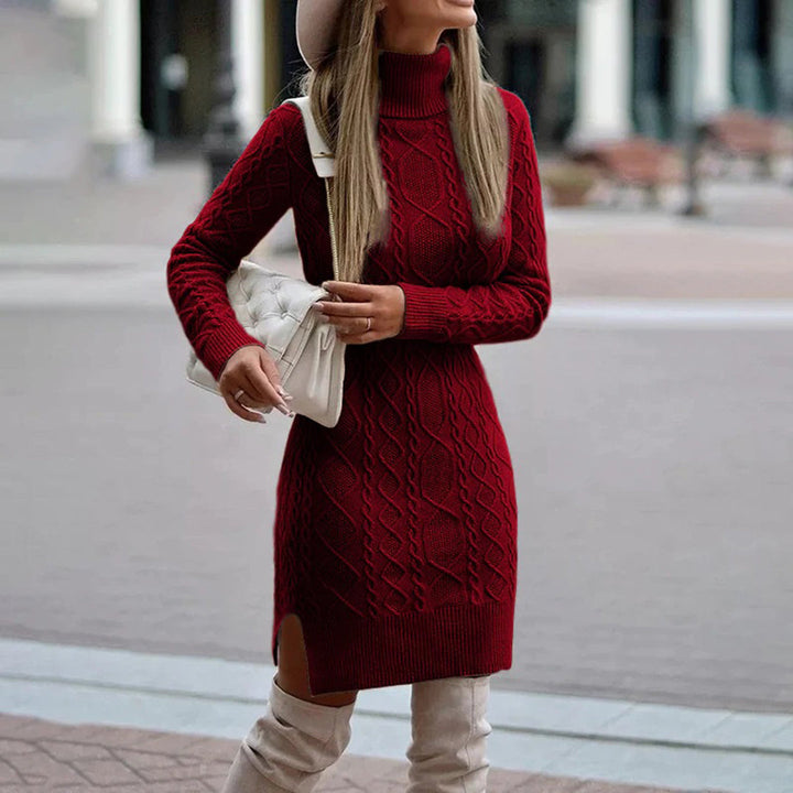 Women's Cable-Knit Roll-Neck Jumper Dress in Burgundy