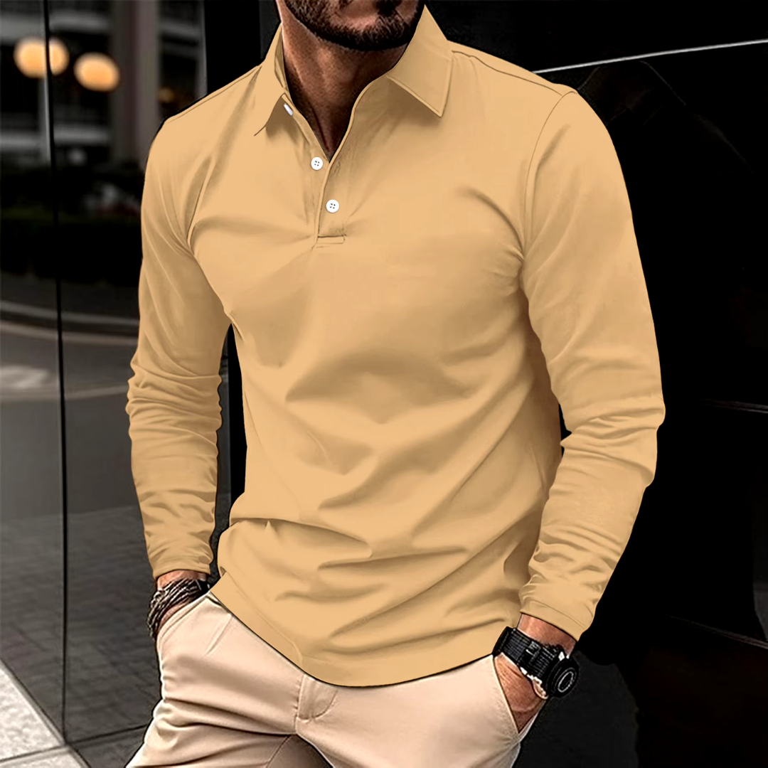Men's Classic Long-Sleeve Polo Shirt in Khaki