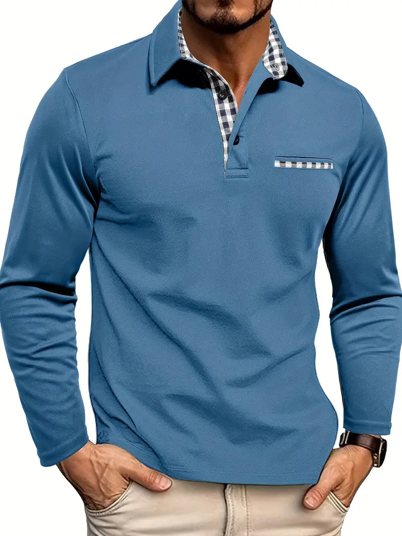 Men's long-sleeve polo shirt in Light Blue