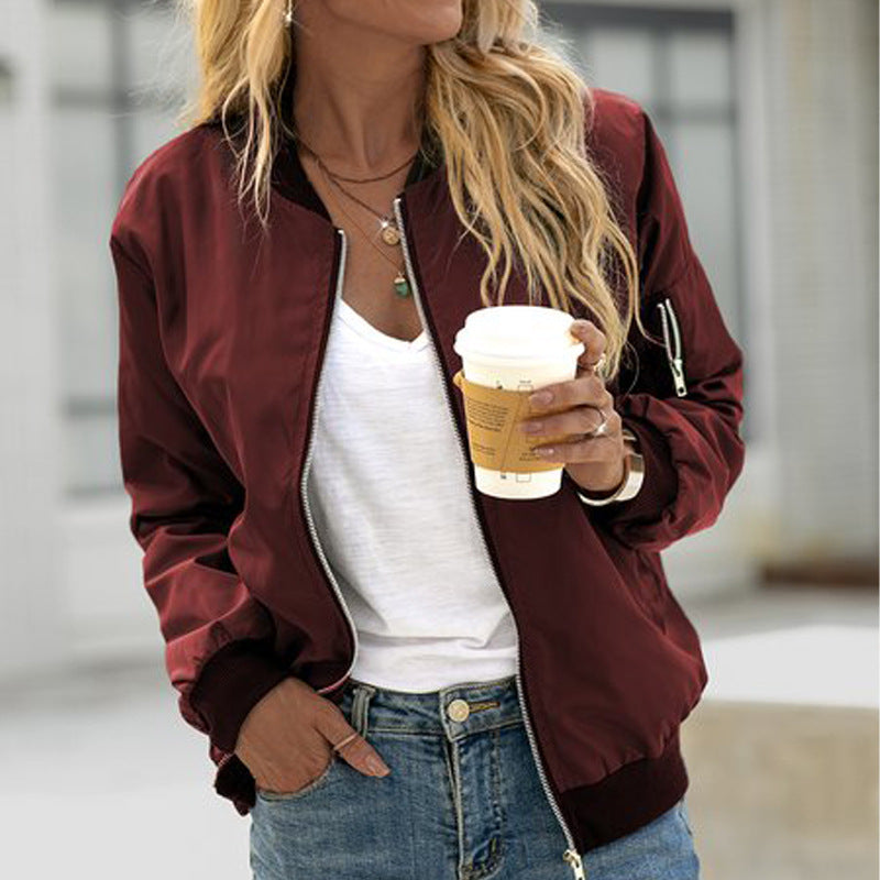 Women's Classic Zip Bomber Jacket in Burgundy