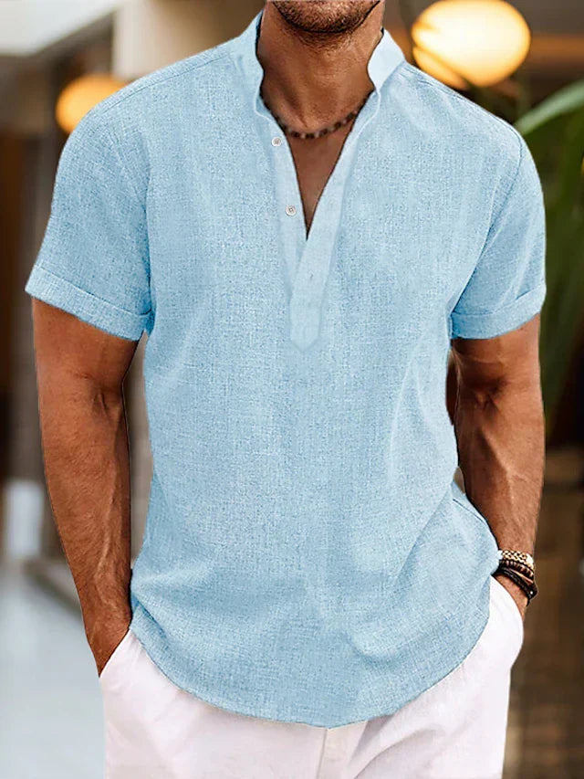Men's Short-Sleeve Henley Shirt in Light Blue