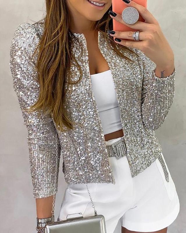 Women's glittery open-front winter jacket in Silver