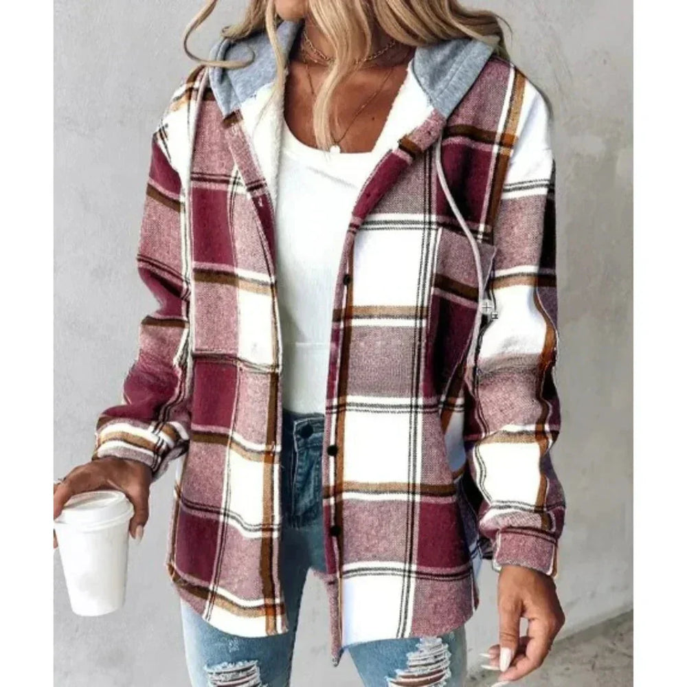 Women's Plaid Hoodie Jacket in Dark Red
