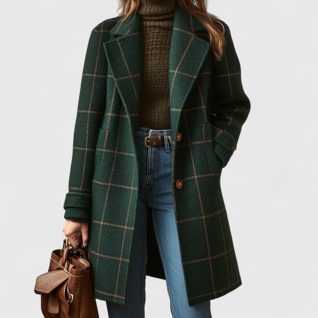 Women's Checked Button Coat in Dark Green