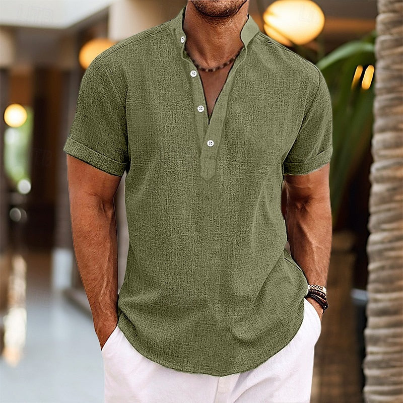 Men's short-sleeve button henley shirt in Green