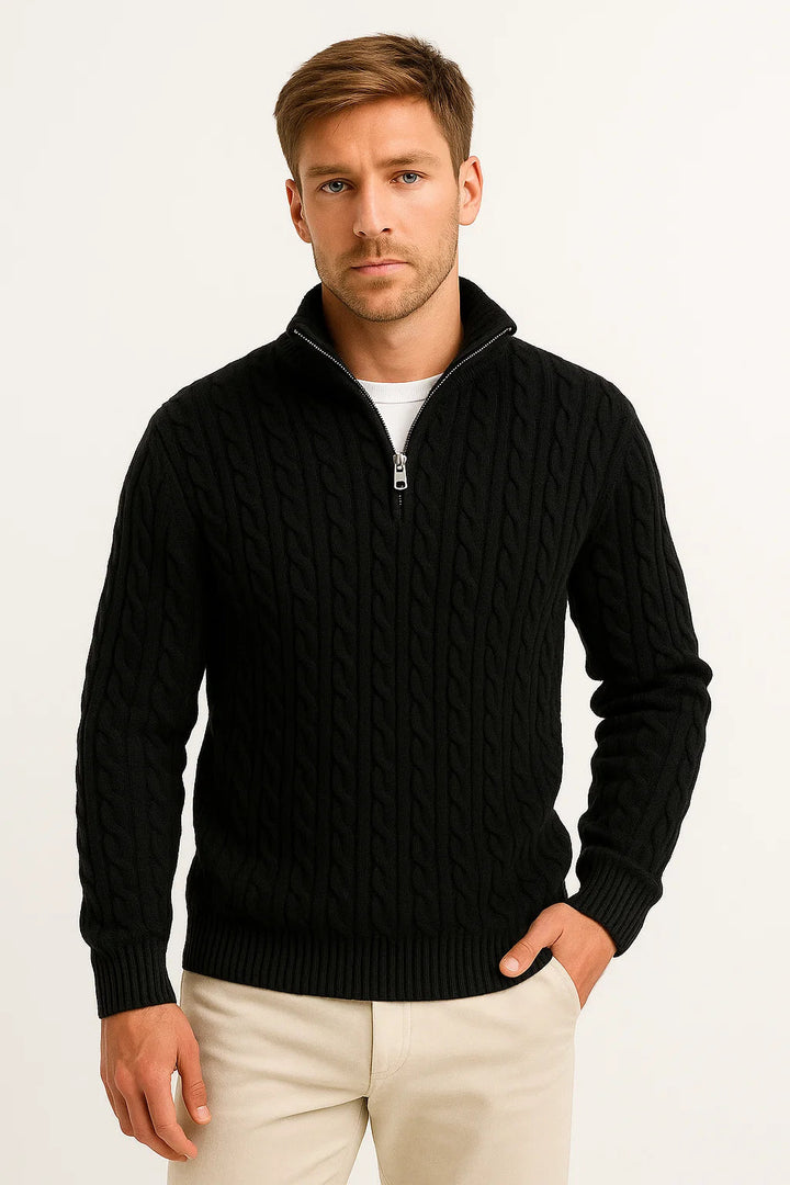 Konrad men's cable knit zip-collar jumper in black