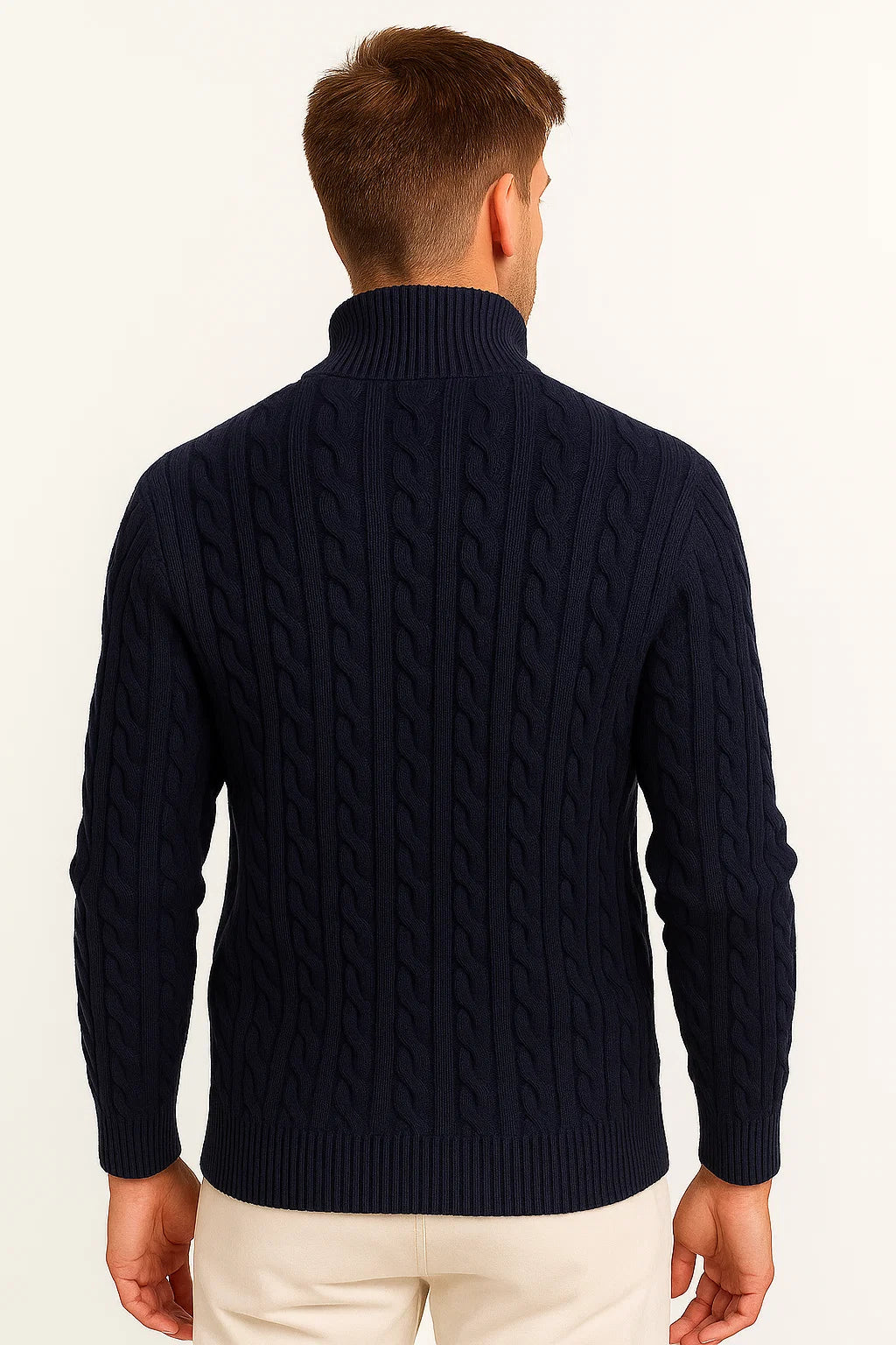 Konrad men's cable knit zip-collar jumper detail view