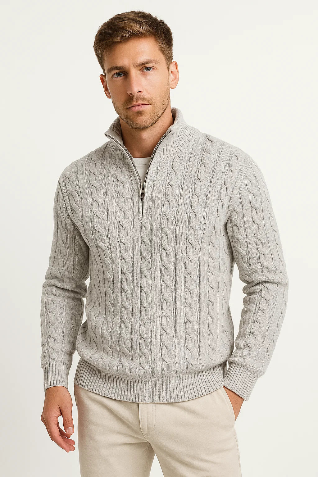 Konrad men's cable knit zip-collar jumper in light grey