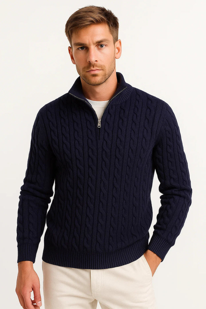 Konrad men's cable knit zip-collar jumper in navy
