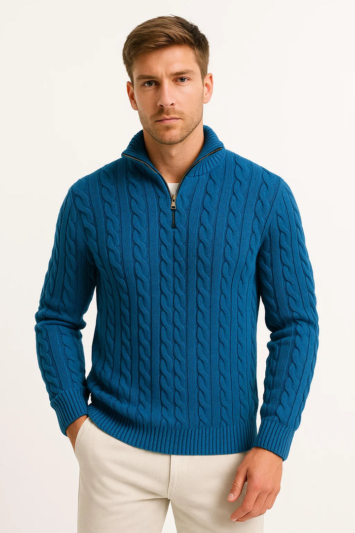 Konrad men's cable knit zip-collar jumper in teal