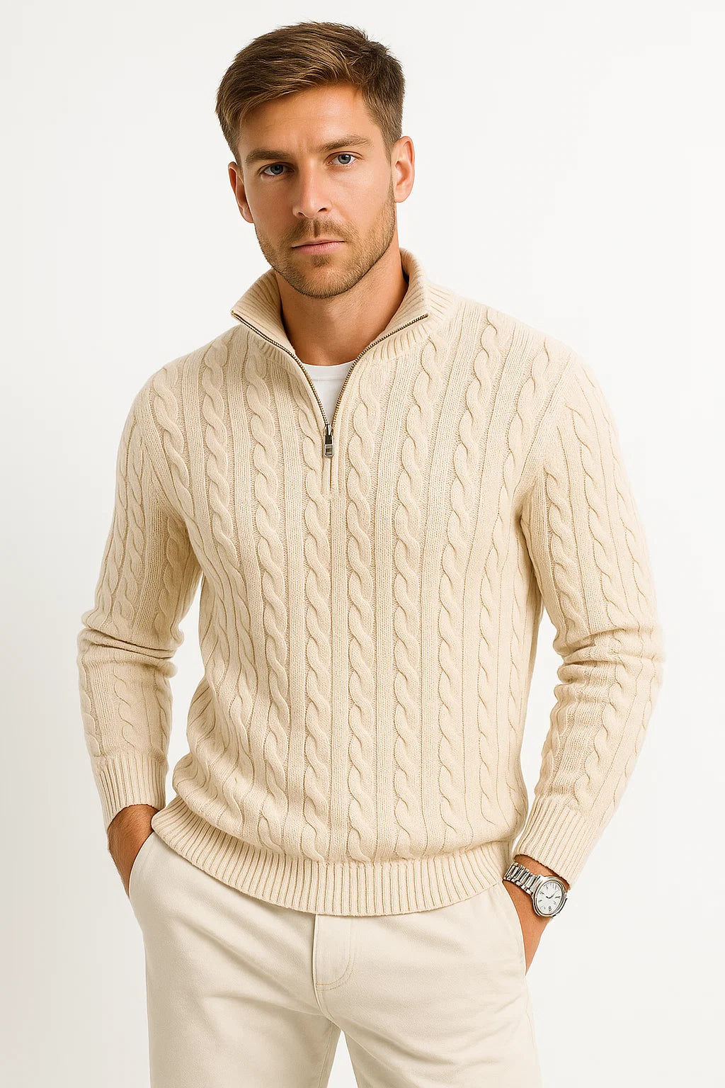 Konrad men's cable knit zip-collar jumper in vanilla beige