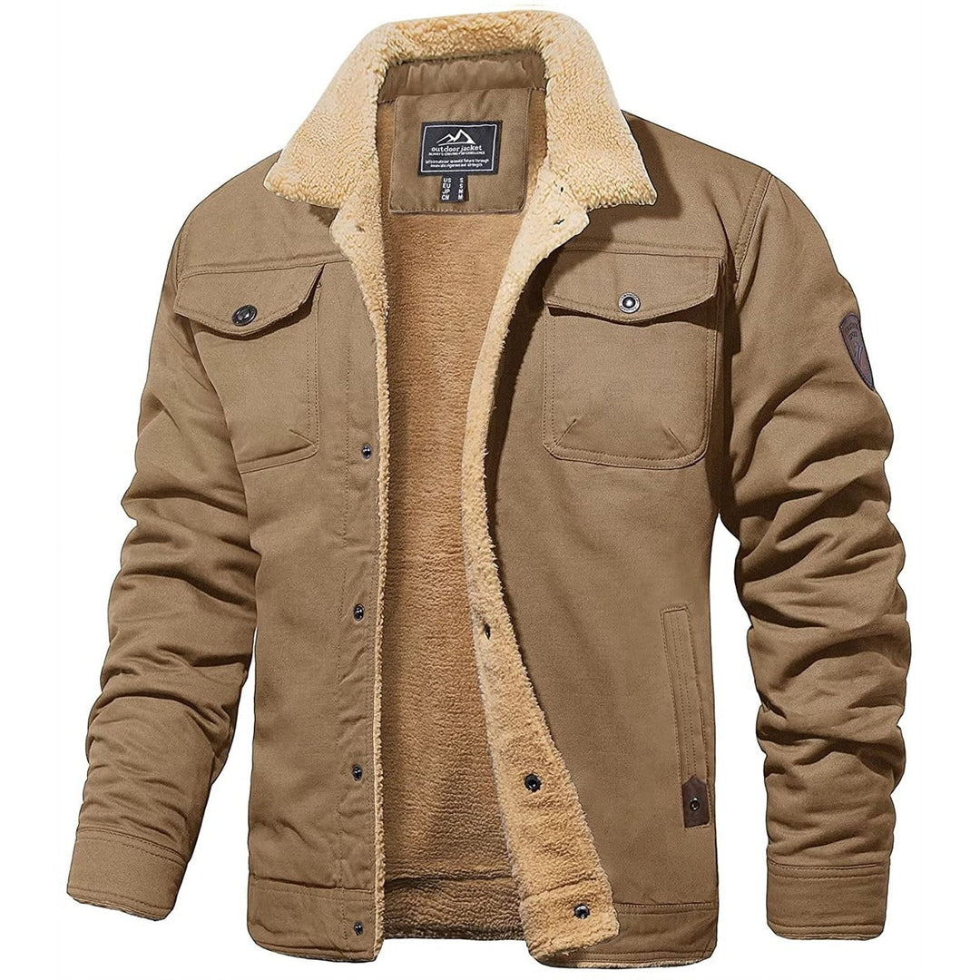 Richard - Men's Warm Button-Front Fleece Jacket in Khaki