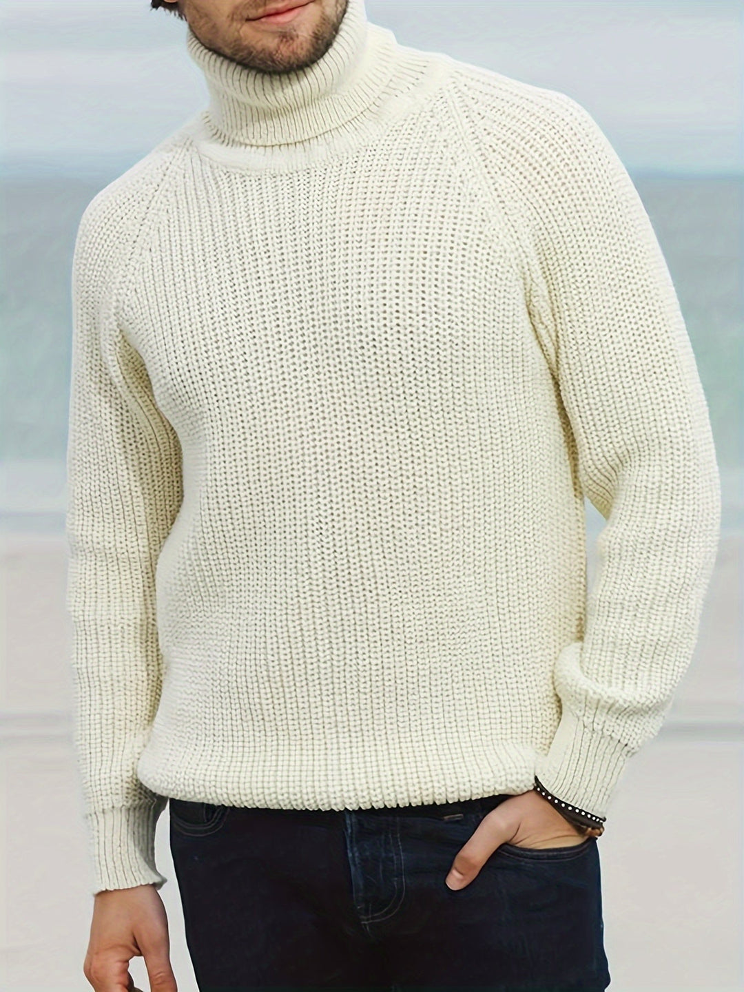 Alexander - Men's Roll Neck Knit Jumper in Beige - view 2