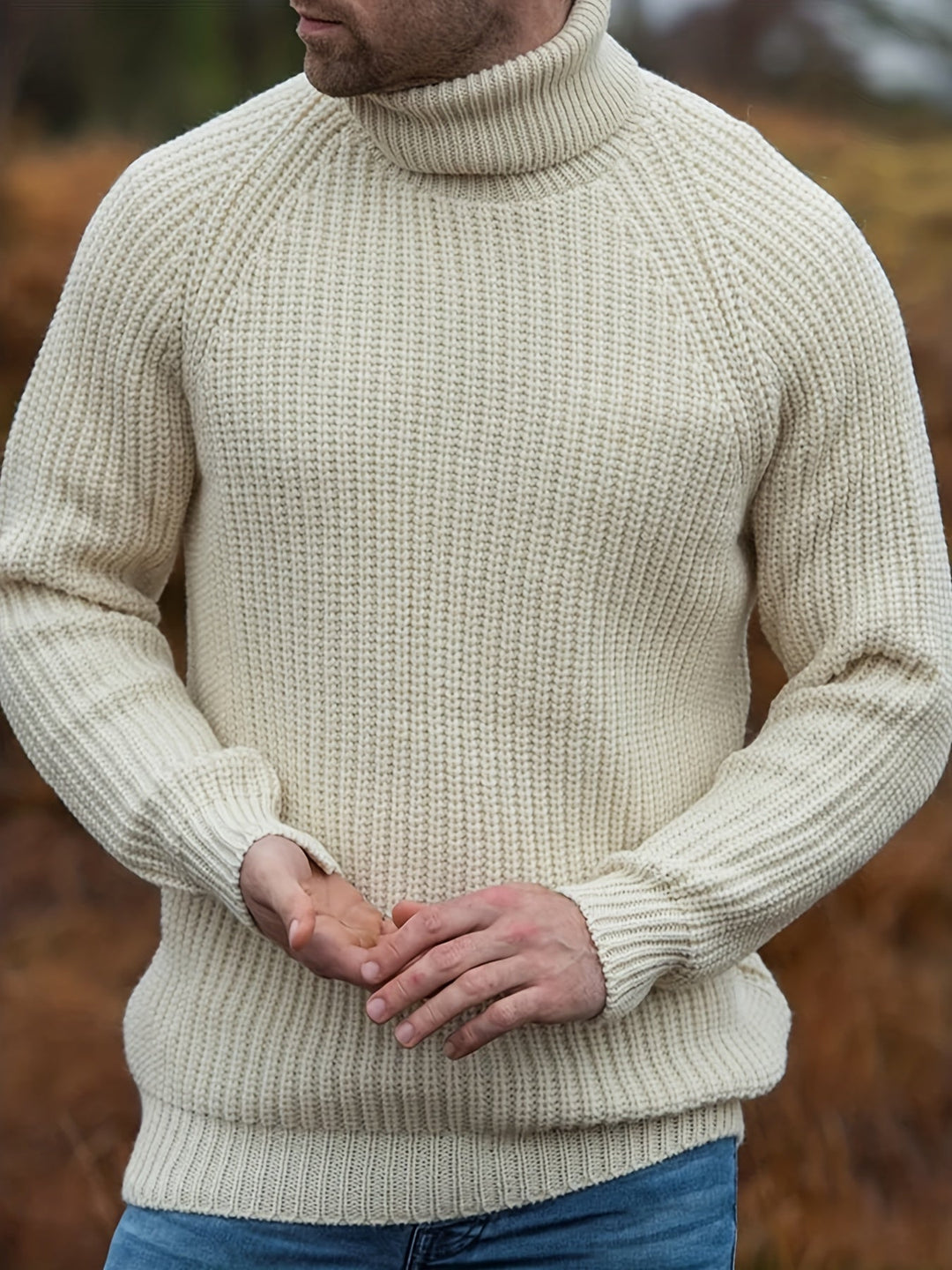 Alexander - Men's Roll Neck Knit Jumper in Beige - view 4
