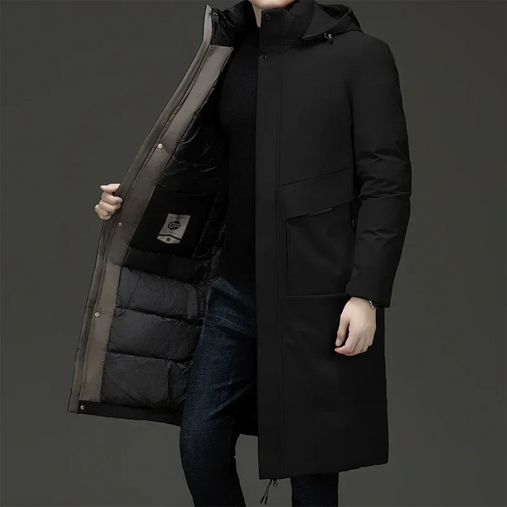 Alexander men's long hooded quilted winter coat in black