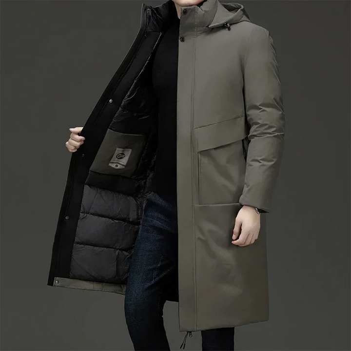 Alexander men's long hooded quilted winter coat in grey