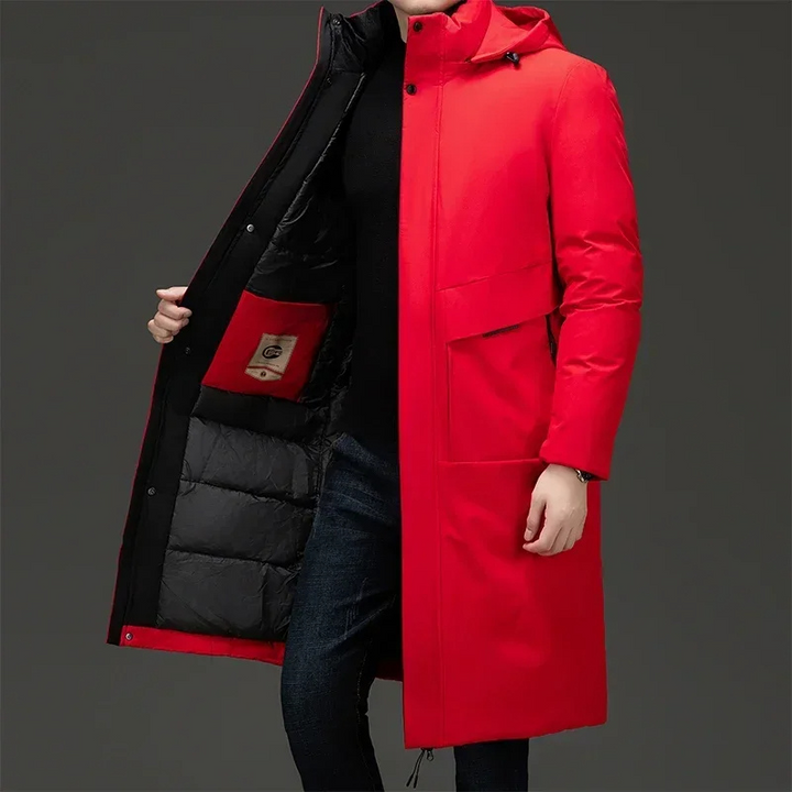 Alexander men's long hooded quilted winter coat in red