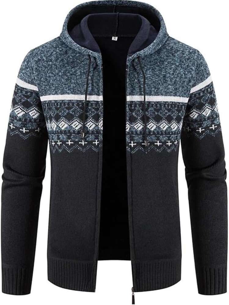 Hans - Men's Winter Hooded Zip Jacket in Blue Black