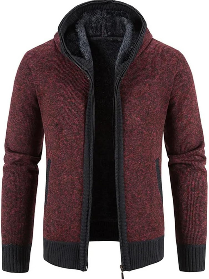 Hans - Men's Winter Hooded Zip Jacket in Dark Red