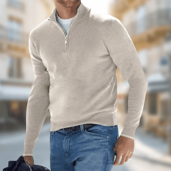 Roland men's zip-collar casual sweater in beige