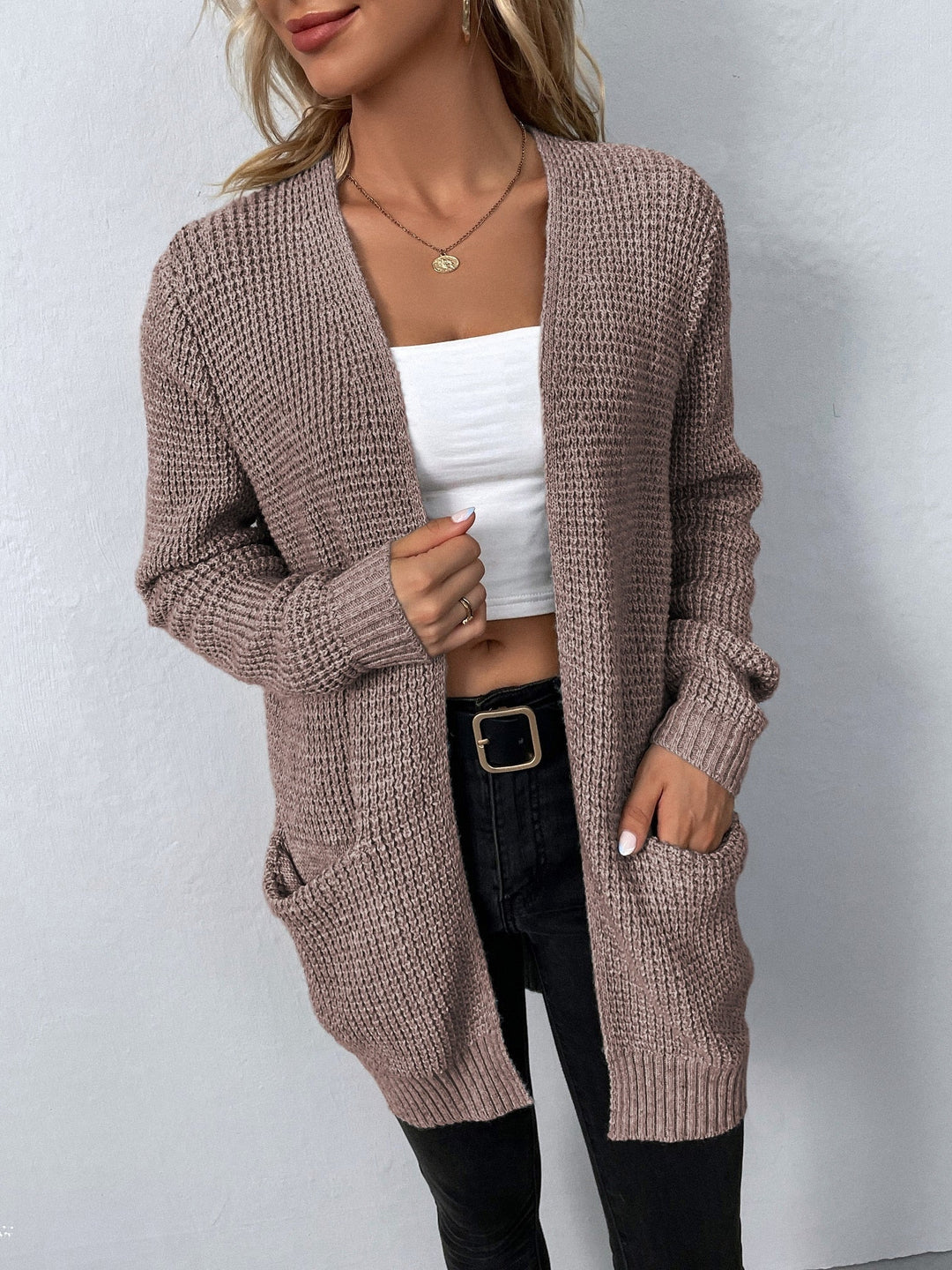 Women's Long-Sleeve Open-Front Cardigan in Light Pink