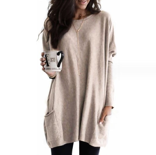 Women's Long-Line Pullover Jumper in Beige