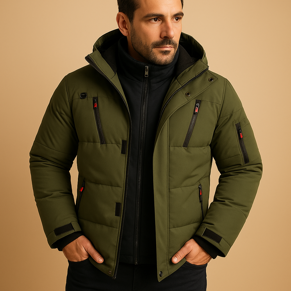 Men's Robust Thick Winter Jacket with Zip in Green